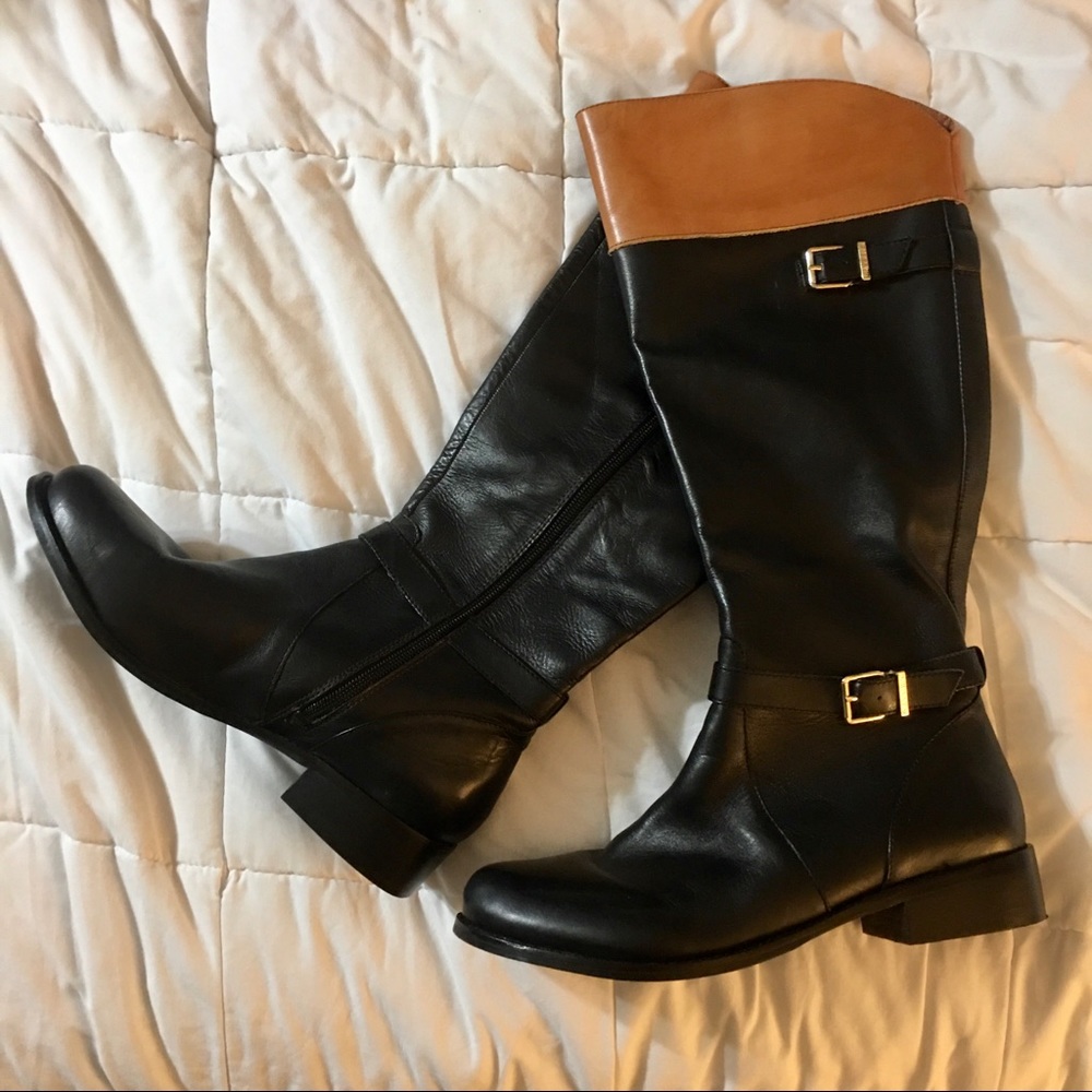 Gianni Bini size 10 black & brown boots, 18” tall, 16” calf, 1 1/4” heel.